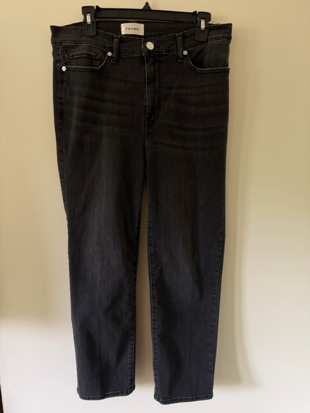 FRAME Black Washed Slim Straight Jeans Size 31 Stretch Denim Mid Rise - Picture 2 of 5